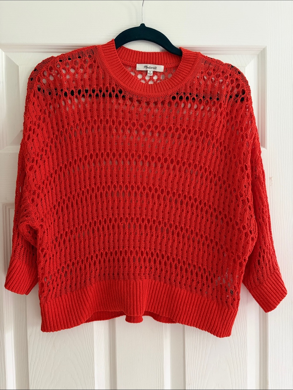 Madewell Bright Red-Orange Open-Weave Crewneck Sweater